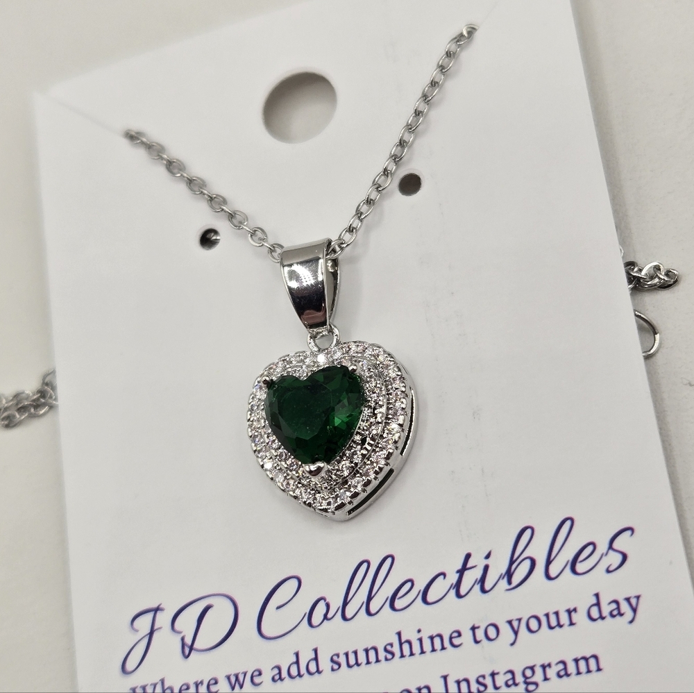 Swarovski Crystal Elements Silver Necklace Emerald Green Heart 16 - 18 inch Prom